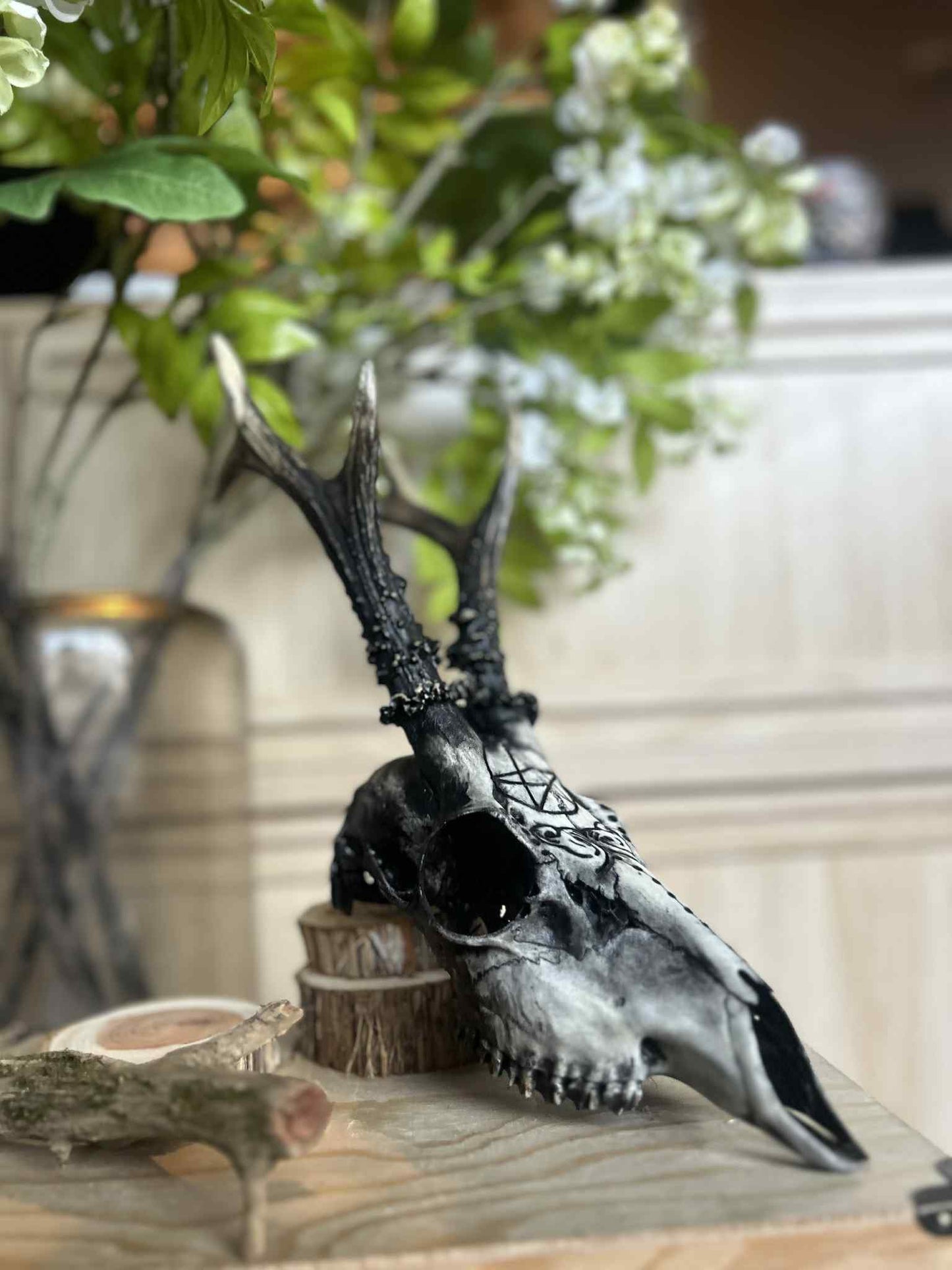 Hand-Painted Deer Skull with Antlers