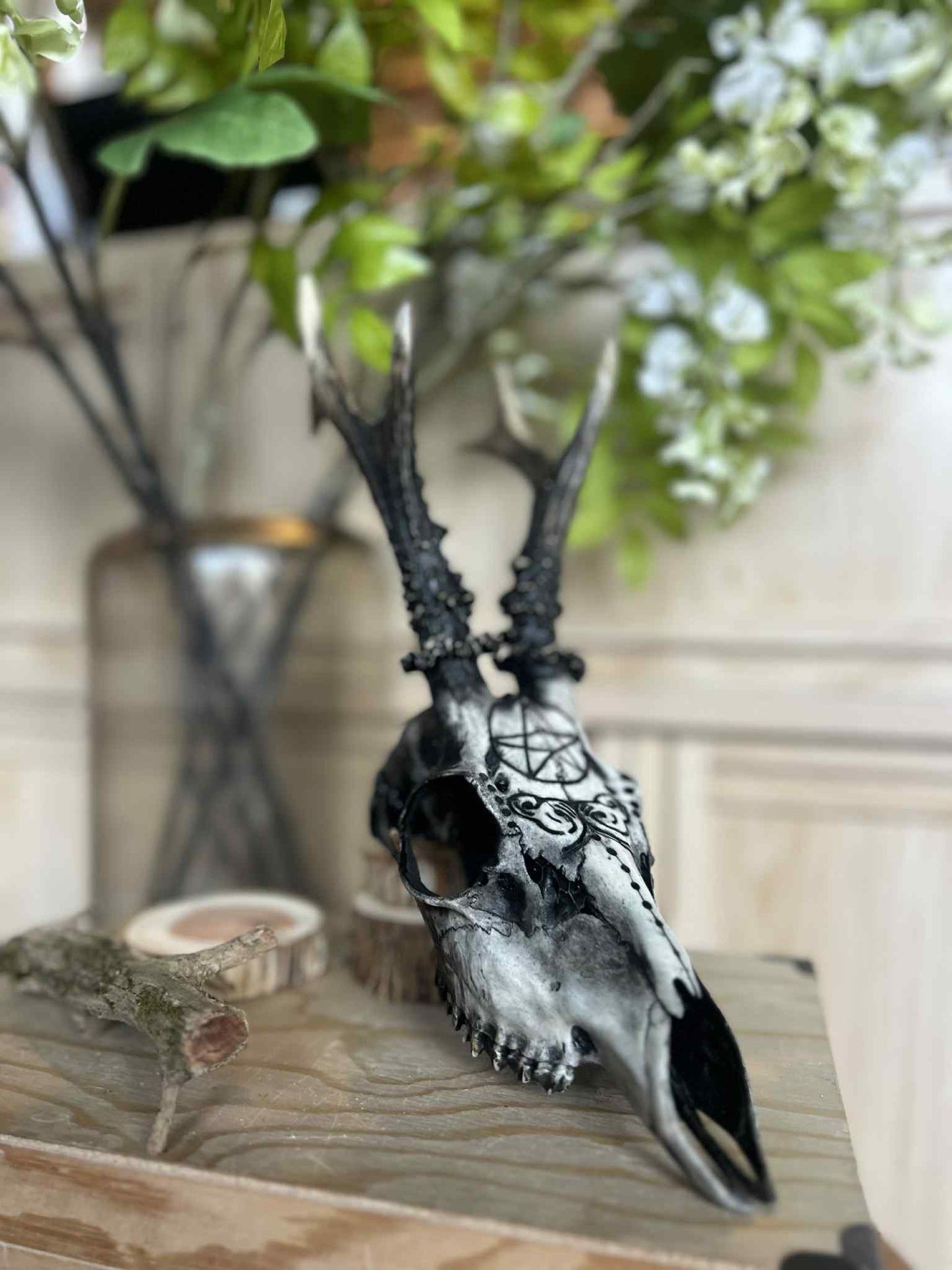 Hand-Painted Deer Skull with Antlers