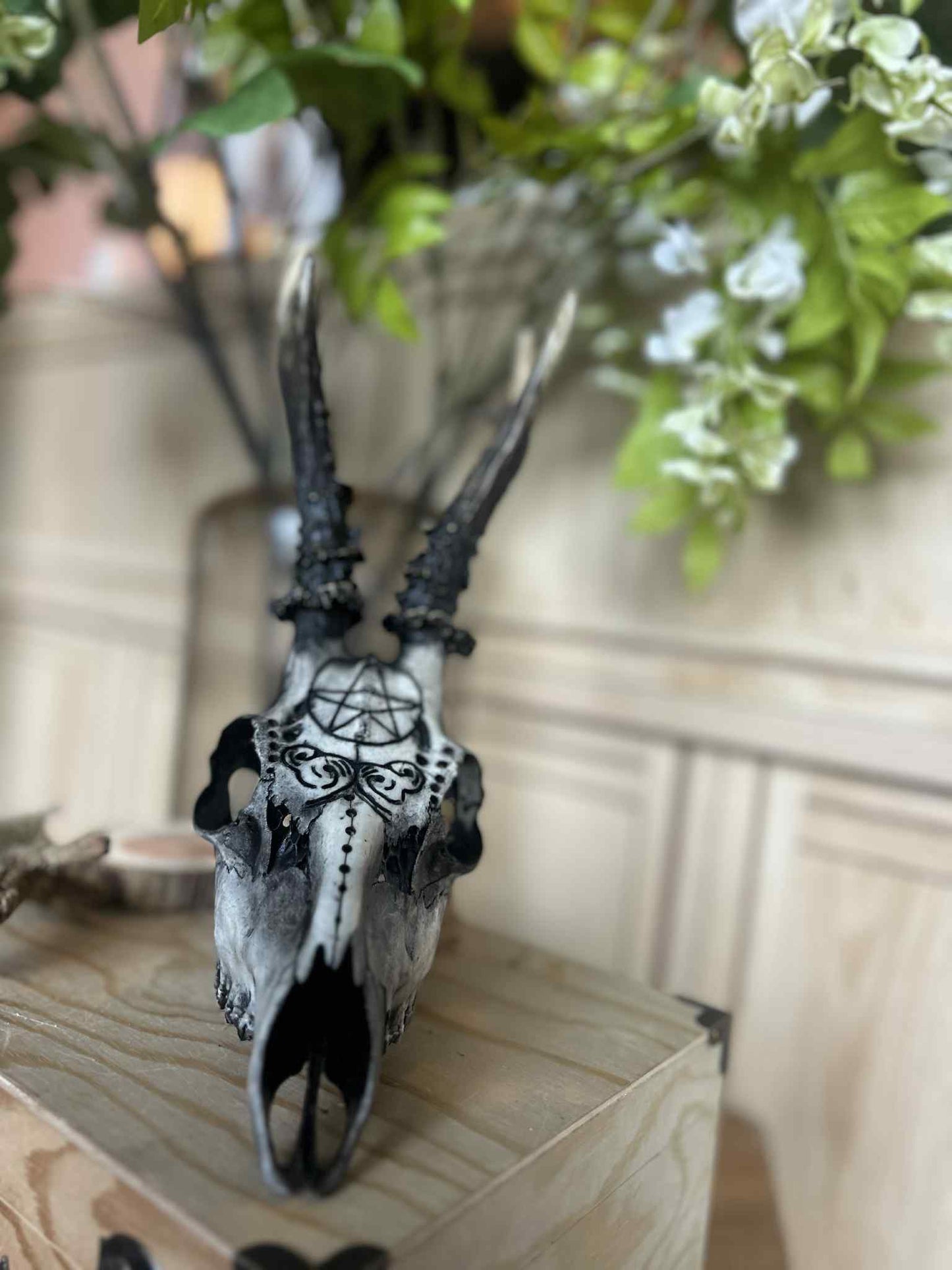 Hand-Painted Deer Skull with Antlers