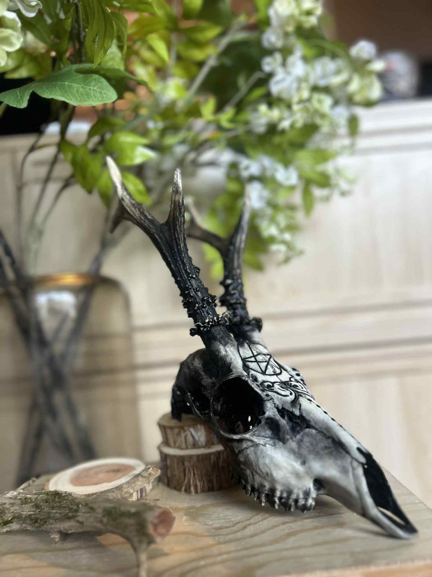 Hand-Painted Deer Skull with Antlers