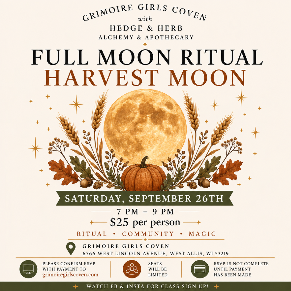 Full Moon Ritual: Harvest Moon flyer with a golden full moon, autumn leaves, wheat, and pumpkin