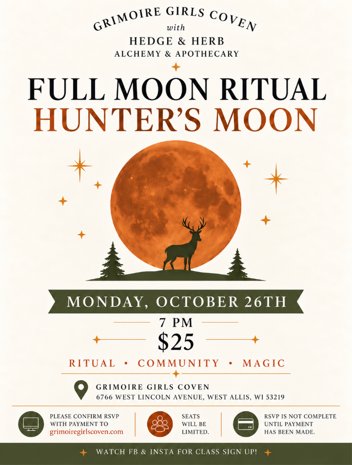 Full Moon Ritual: Hunter's Moon flyer with a large orange full moon behind a stag silhouette and pine trees