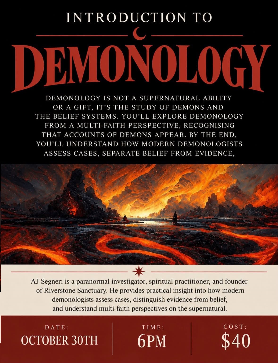 Introduction to Demonology flyer in red and black with a volcanic landscape of glowing lava rivers
