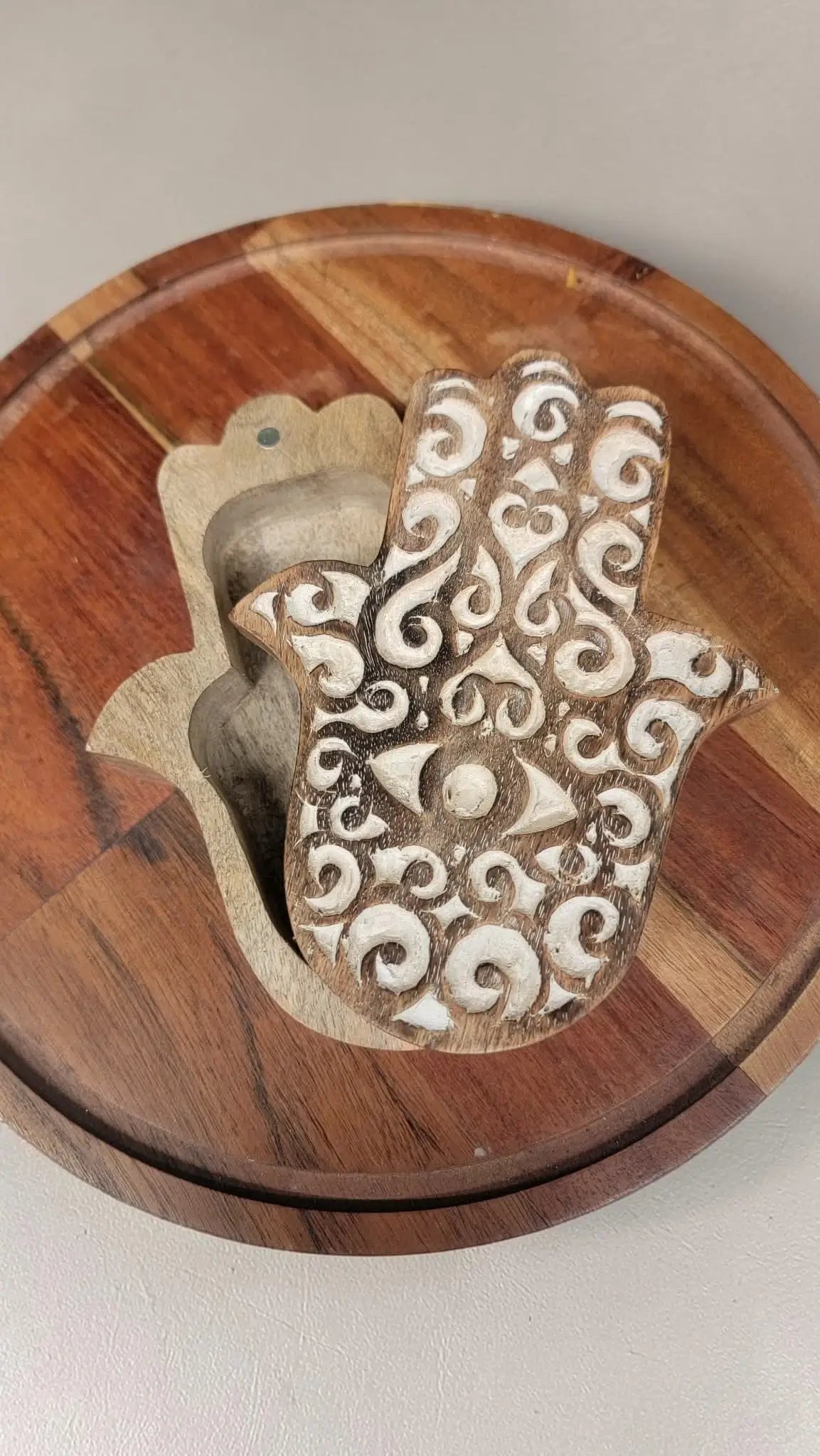 Hand-Carved Hamsa Wooden Keepsake Box with Evil Eye Design