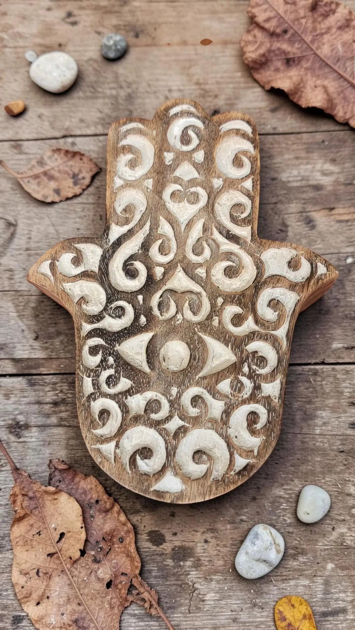 Hand-Carved Hamsa Wooden Keepsake Box with Evil Eye Design